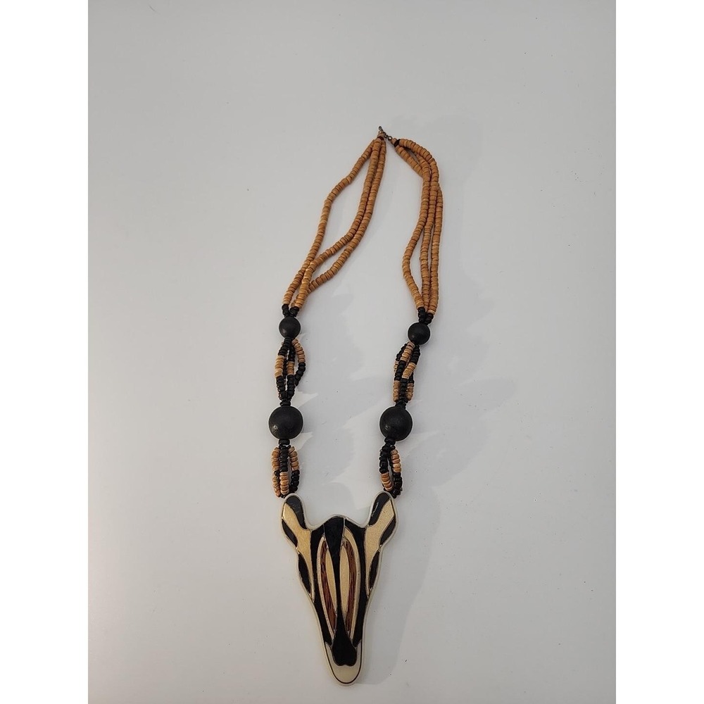 Vintage retro Lee Sands wood‎ bead safari zoo animal inlaid ZEBRA necklace